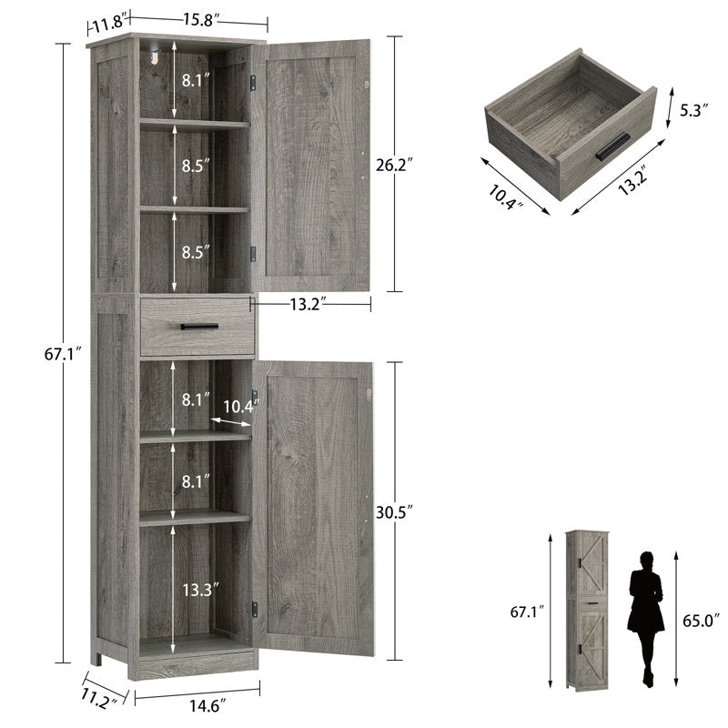 Tall Bathroom Grey Cabinet with 4 Shelves, 2 Doors & 1 Drawer