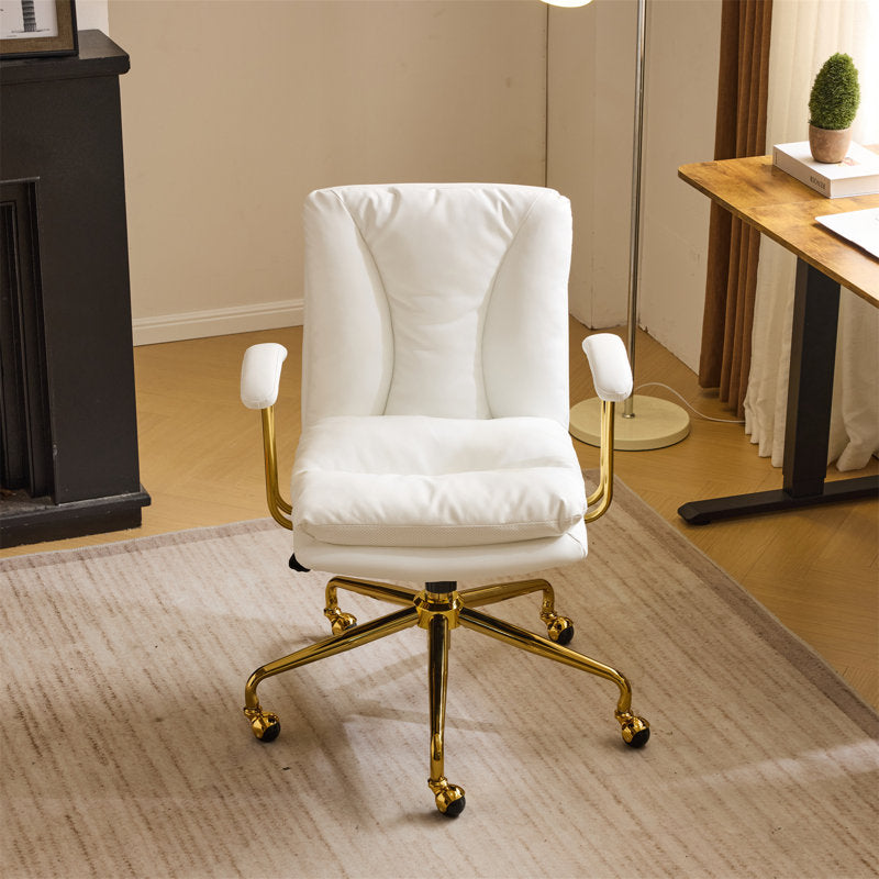 24" W Swivel Upholstered PU Office Chair (White n Gold)