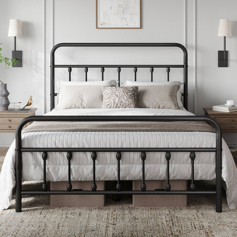 Classic Iron Platform Bed with High Headboard and Footboard Queen Black