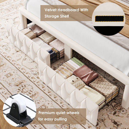 Kaliya Queen Velvet Upholstered Platform Bed: Wingback Headboard with LED Lighting & 2 Storage Drawers, Solid Wood Frame king White