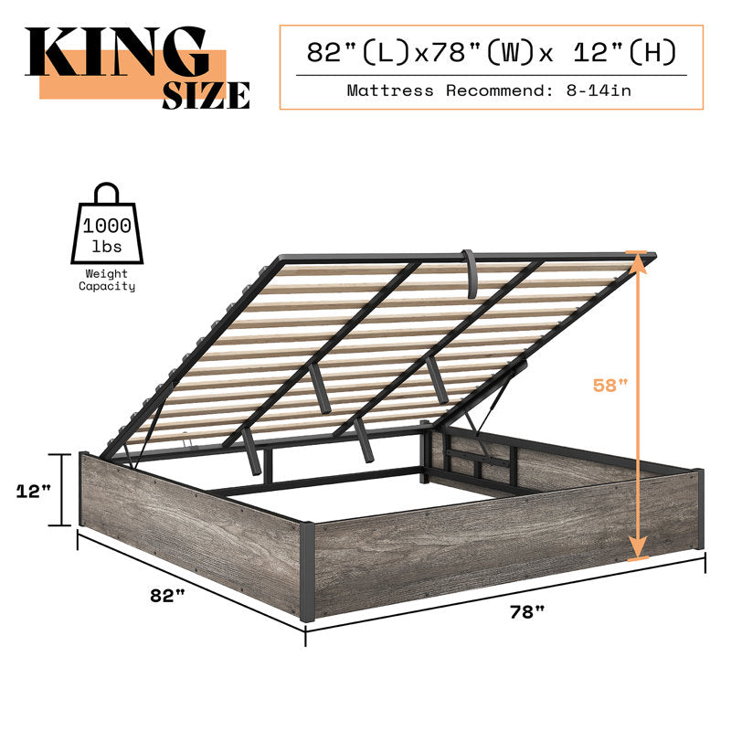 Shila Lift Up Storage Bed King Grey