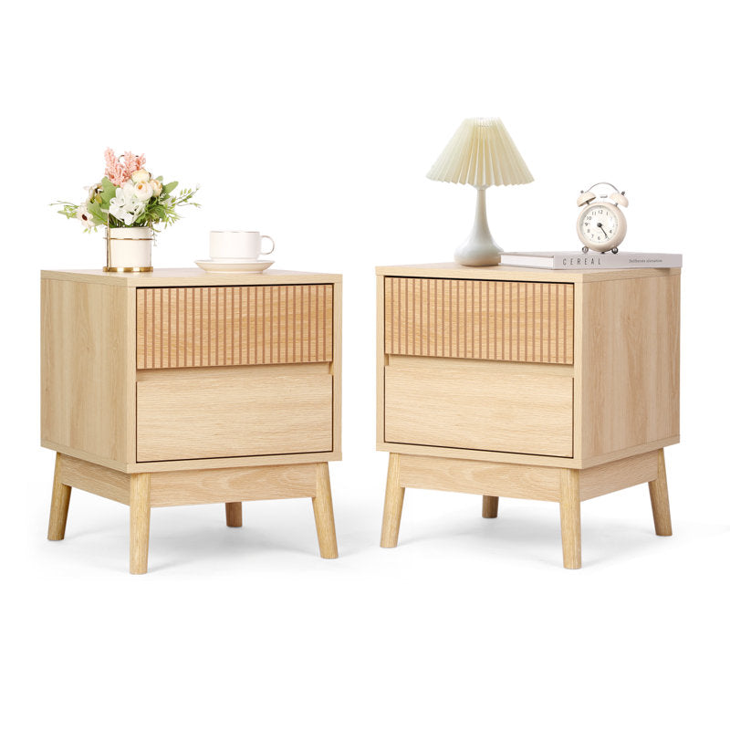 Grooved wood bedside tables with 2 drawers (set of 2)