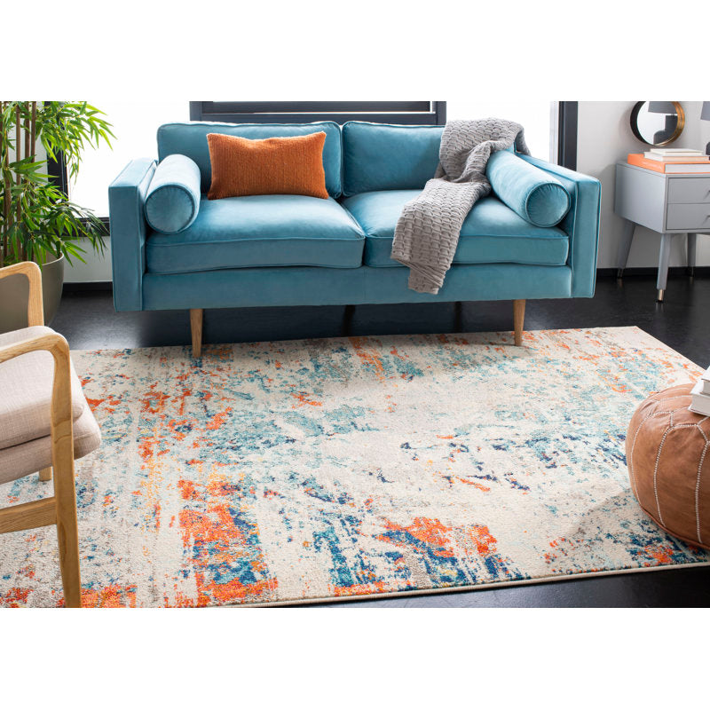 Abstract Rug Cream/ orange/ blue rug 9x12 ft