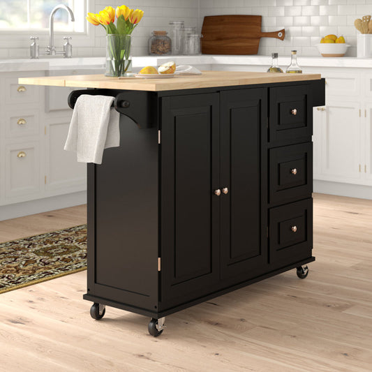 Hardiman 53.75"Kitchen Island with Locking Wheels (Black & Oak Top)