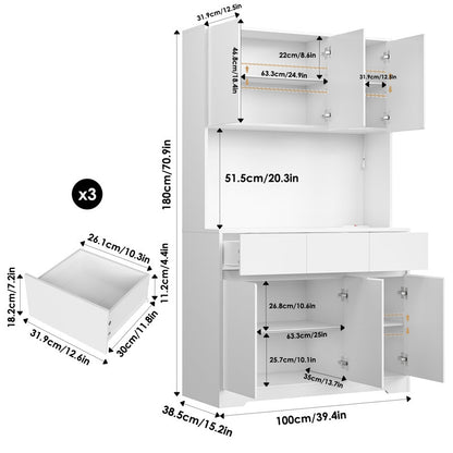 Aybike 71" Tall Kitchen Pantry Cabinet with Charge Station & LED Light, Freestanding Food Pantry with 4 Cabinets, 3 Drawers & Microwave Shelf, Kitchen Hutch Storage, Adjustable Shelves