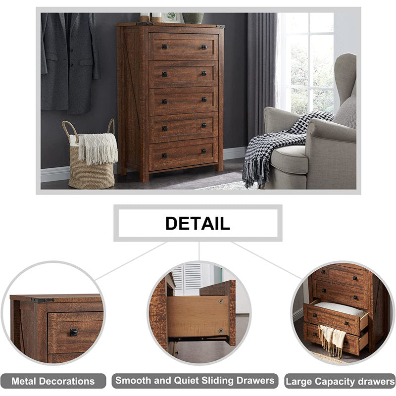 Grantville House 5 - Drawers Dresser Organizer, Rustic Tall Chest of Drawers for Bedroom