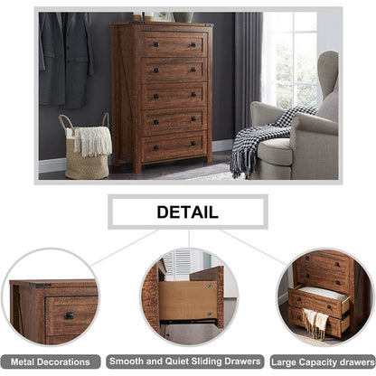 Grantville House 5 - Drawers Dresser Organizer, Rustic Tall Chest of Drawers for Bedroom