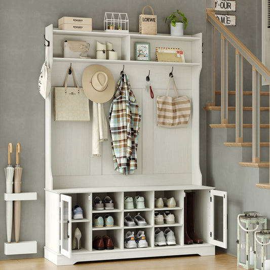 Jaxsin Hall Tree 51.3" Wide with Bench and Shoe Storage,4-in-1 Design Coat Rack for Entryway. White