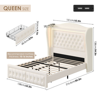 Kaliya Queen Velvet Upholstered Platform Bed: Wingback Headboard with LED Lighting & 2 Storage Drawers, Solid Wood Frame king White
