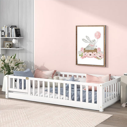 Finka Kids Floor Platforms Bed With Fence and Door (Oak White Queen Bed)