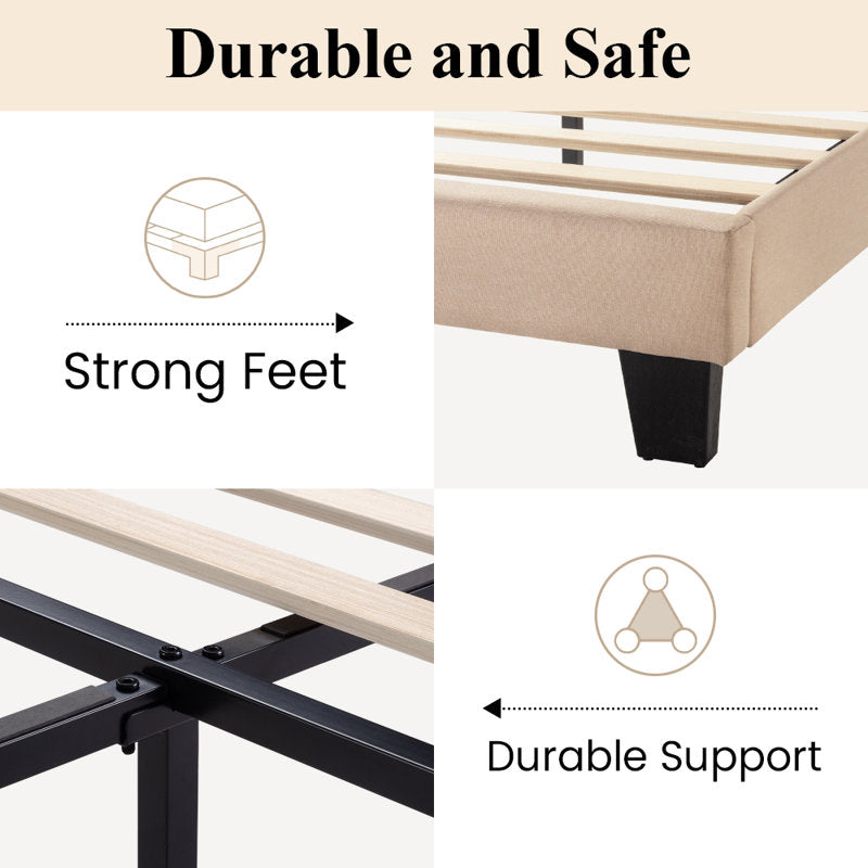 Elison Platform Bed with Fabric Upholstered Headboard and Wooden Slats Beige King Size