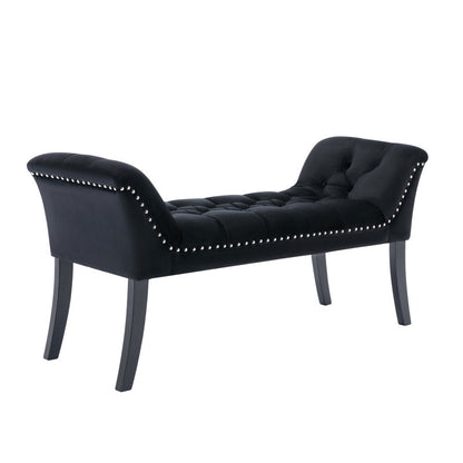 Tufted Black Velvet Bench with Rubberwood Legs