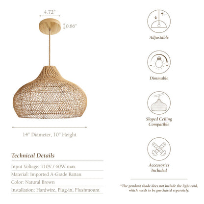 Hand-woven rattan lampshade hanging lamp Anjanie with 1 natural light or wired light fixture for Japanese Boho style dining room, kitchen or bedroom