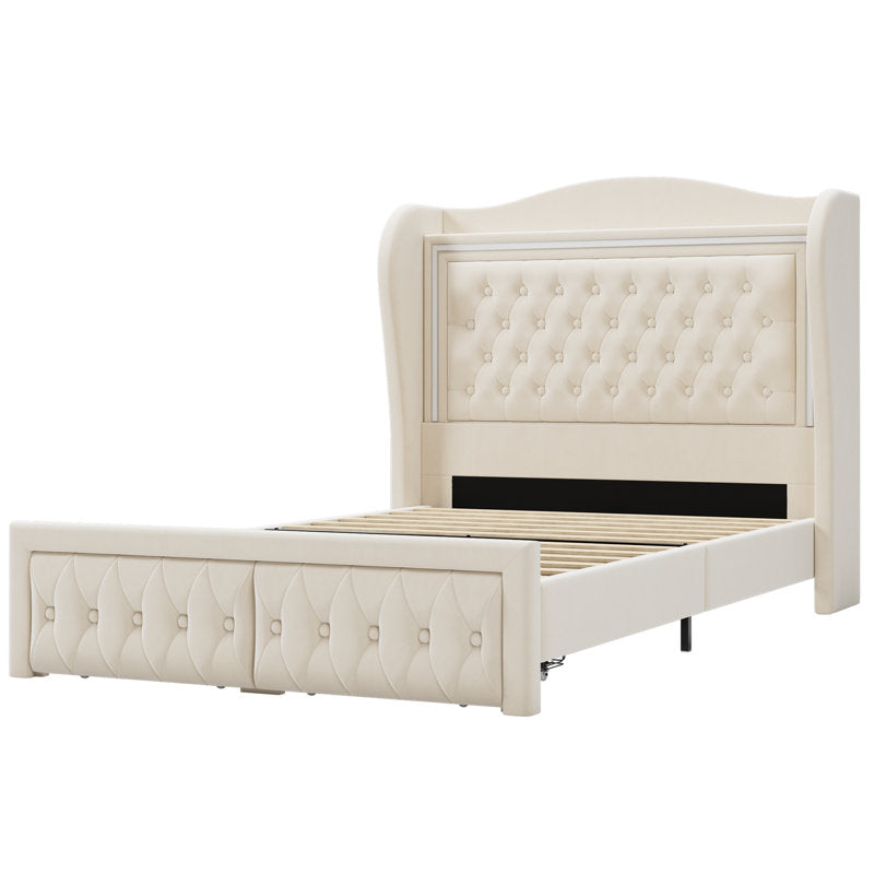 Kaliya Queen Velvet Upholstered Platform Bed: Wingback Headboard with LED Lighting & 2 Storage Drawers, Solid Wood Frame king White