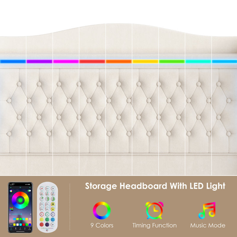 Kaliya Queen Velvet Upholstered Platform Bed: Wingback Headboard with LED Lighting & 2 Storage Drawers, Solid Wood Frame king White