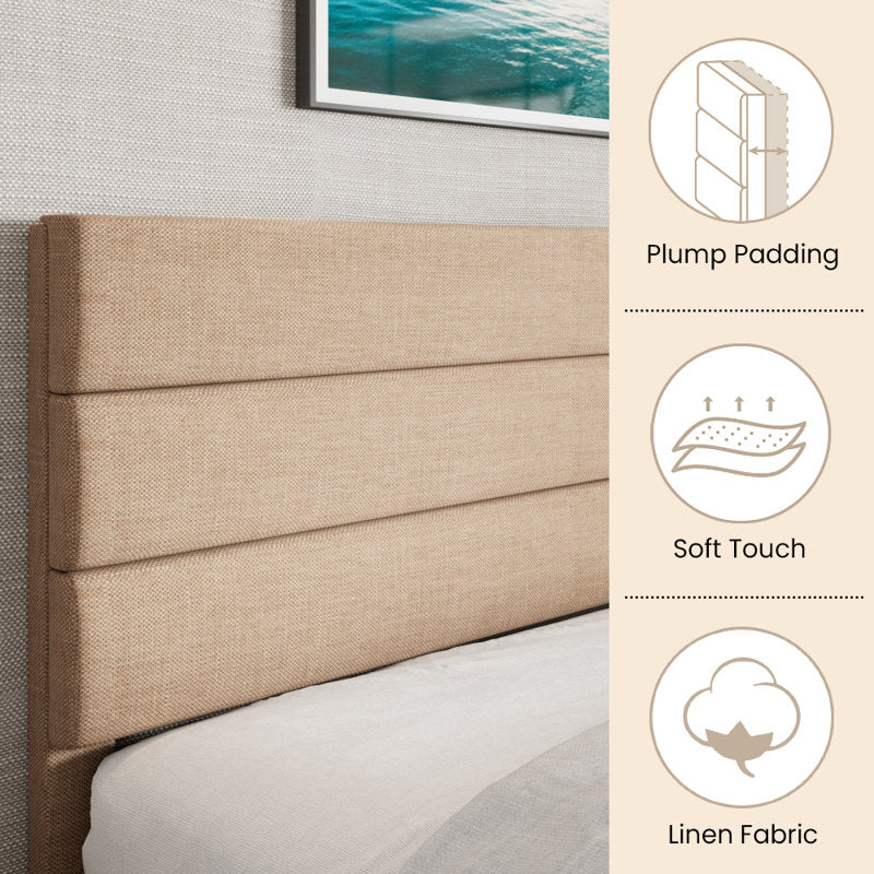Elison Platform Bed with Fabric Upholstered Headboard and Wooden Slats Beige King Size