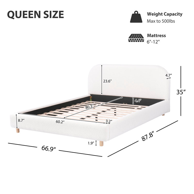 Upholstered Platform Bed with Boucle Fabric,Curve-Shaped Design Headboard, White, Easy Assembly King Size White