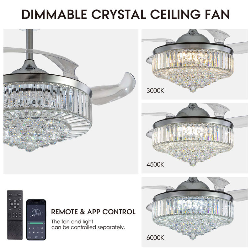 Presnell Dimmable Crystal Ceiling Fan with LED Lights and Remote Control Silver 48"