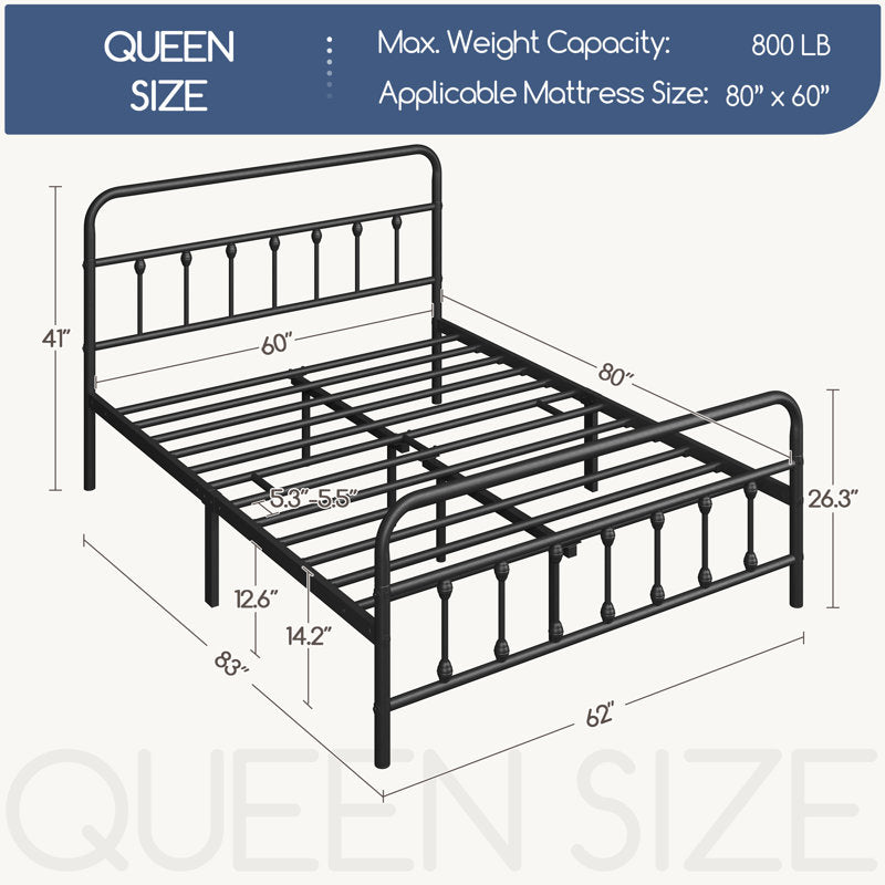 Classic Iron Platform Bed with High Headboard and Footboard Queen Black