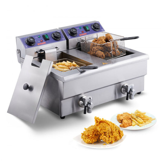 VEVOR 24L Electric Deep Fryer, With Timee And Oil Filtration, Dual Removable Baskets And Lid Included