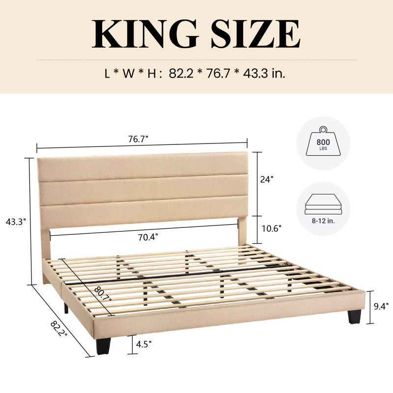 Elison Platform Bed with Fabric Upholstered Headboard and Wooden Slats Beige King Size