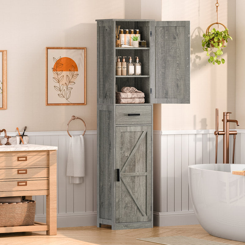 Tall Bathroom Grey Cabinet with 4 Shelves, 2 Doors & 1 Drawer