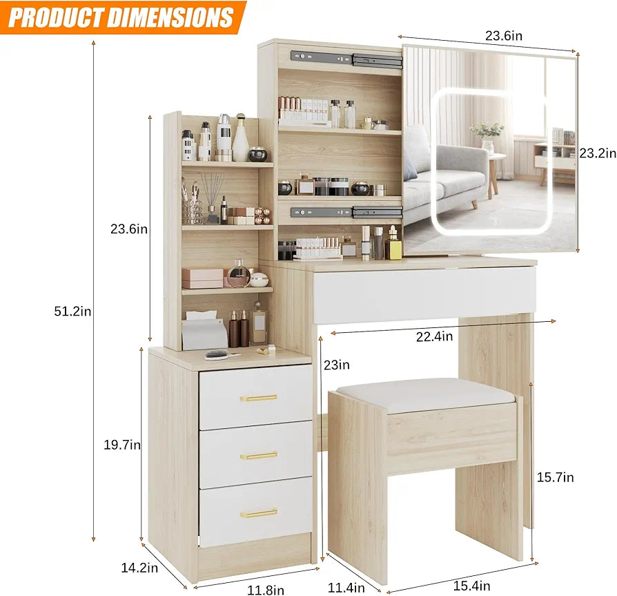 Vanity Desk,makeup Vanity Desk With Sliding Lighted Mirror, Charging Station (Oak)