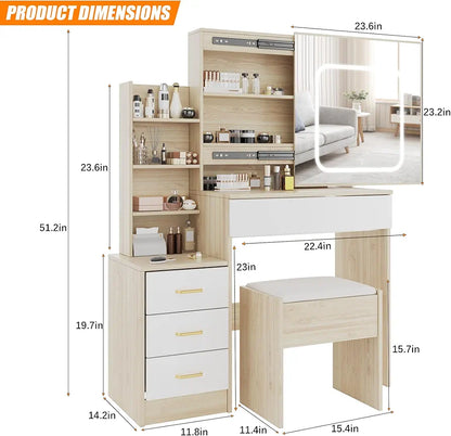Vanity Desk,makeup Vanity Desk With Sliding Lighted Mirror, Charging Station (Oak)