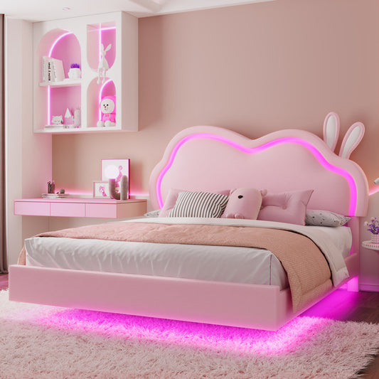 Zoomie Kids Floating Full Bed Frame with Adjustable LED Headboard and Leather Upholstered, Pink ( Full Size )