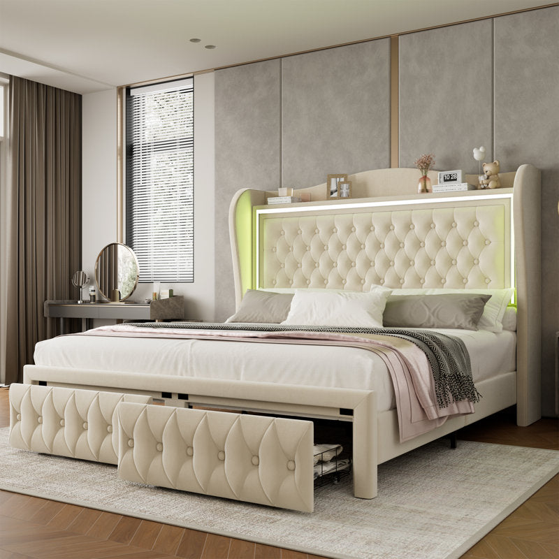 Kaliya Queen Velvet Upholstered Platform Bed: Wingback Headboard with LED Lighting & 2 Storage Drawers, Solid Wood Frame king White