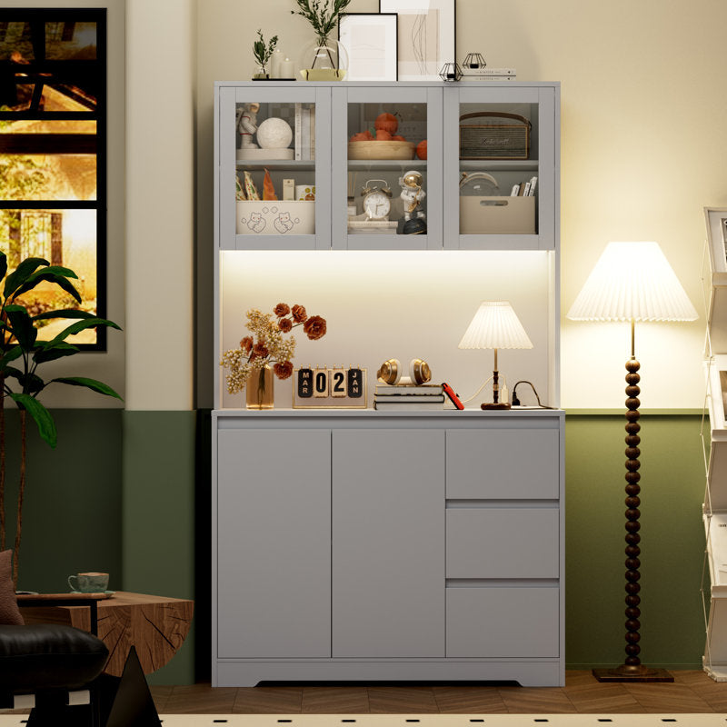 Satavia 70.9'' Kitchen Pantry with LED Lights and Charging Station, Microwave Shelf Grey