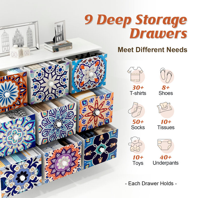 Bedroom Dresser, 9 Drawer Tall Dresser for Bedroom, Storage Chest of Drawers, 39.4'' H X 36.2'' W X 11.7'' D Vintage